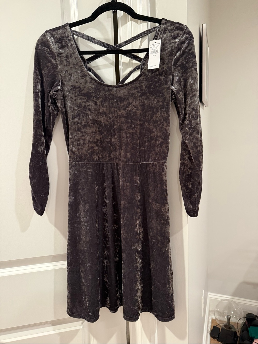 American Eagle Outfitters Crushed Velvet Ruched-Sleeve Grey Dress
